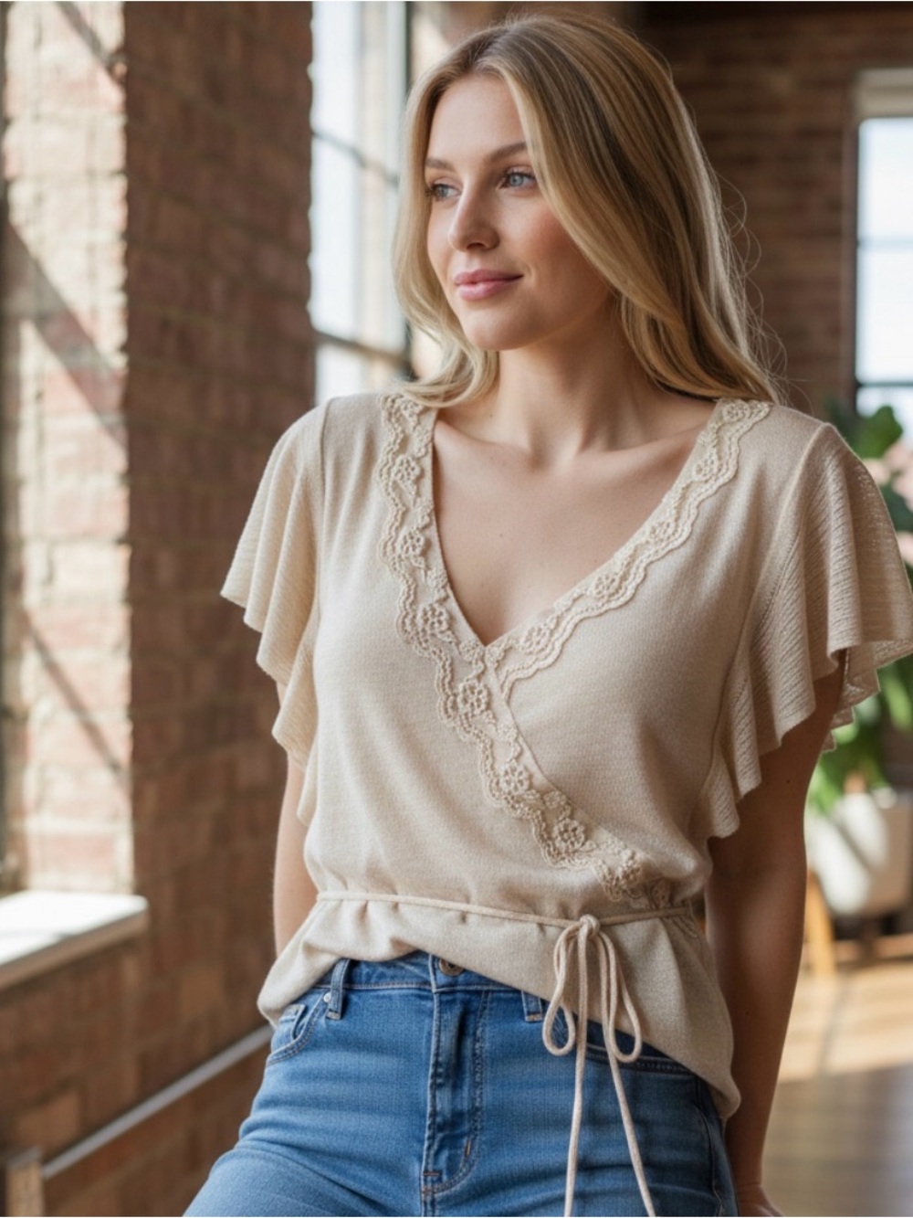 August Silk Faux Wrap Lace Flutter sleeves Knit Top